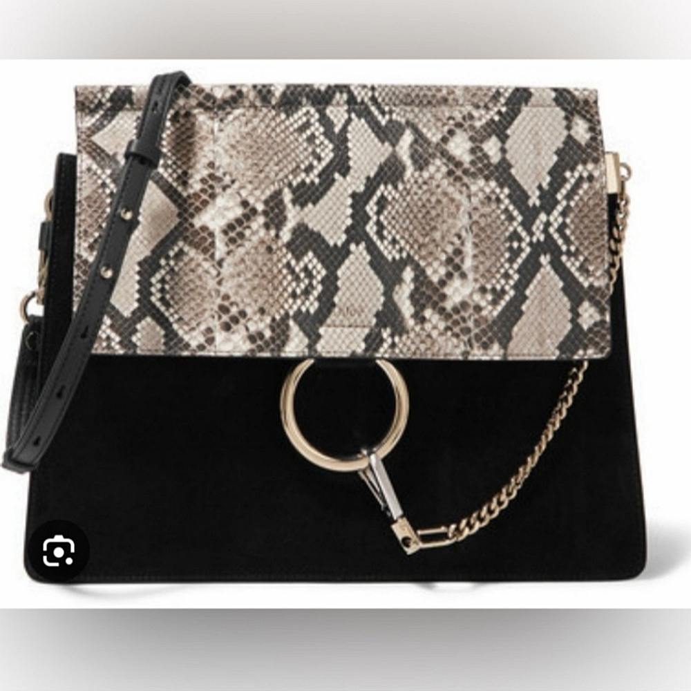 Chloe Faye Python Suede and Leather Shoulder Bag Black